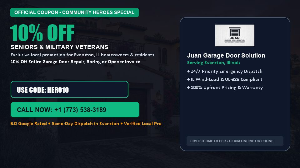 Juan Garage Door Solution 10% OFF Seniors & Military Veterans in Evanston, IL